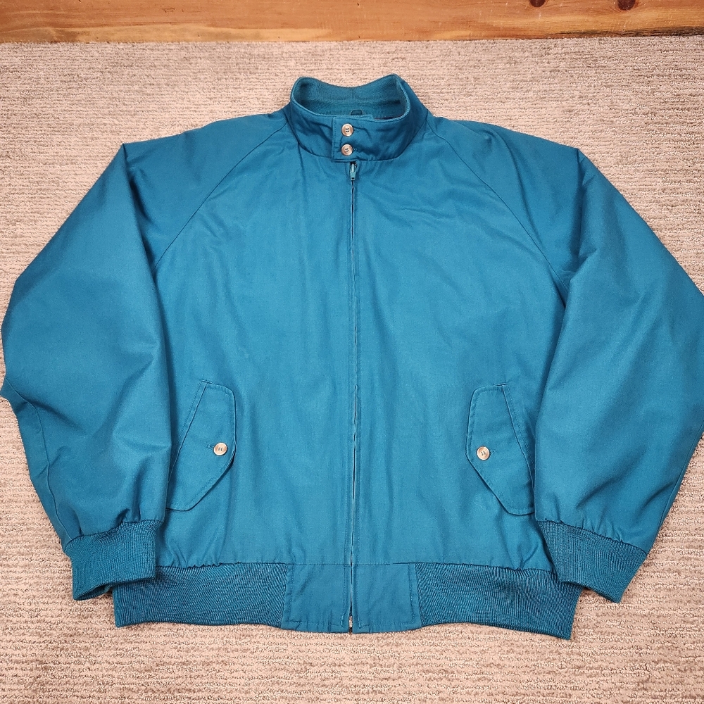 Vintage Lands' End 80's Teal Full Zip Jacket Plaid Lined Bomber Grandpa Golf L